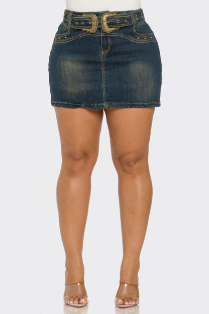 Denim Belt Buckle Mini Skirt For Women Dark Wash XL