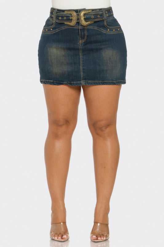Denim Belt Buckle Mini Skirt For Women Dark Wash XL