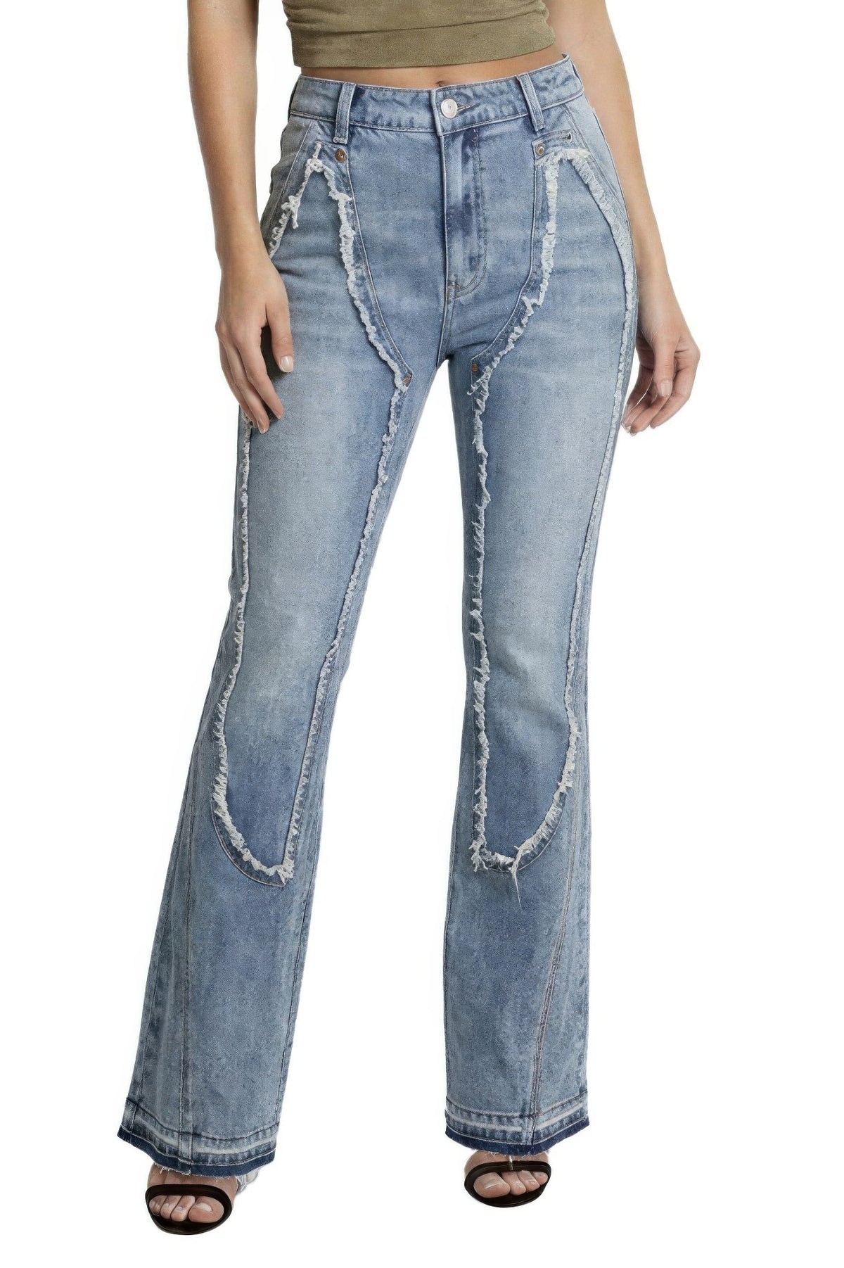 Ripped Curve-panel Flare Jeans For Women