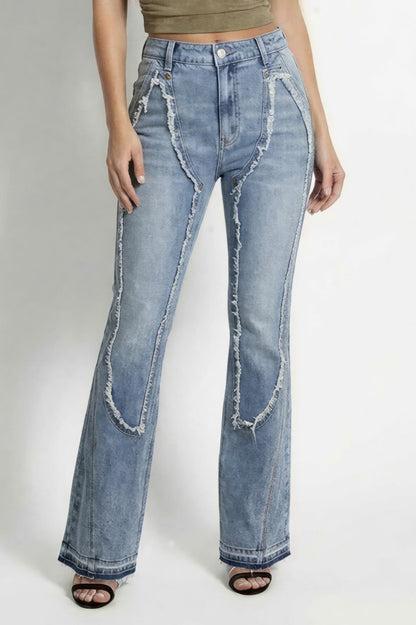 Ripped Curve-panel Flare Jeans For Women