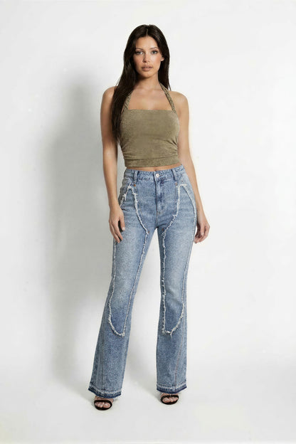 Ripped Curve-panel Flare Jeans For Women