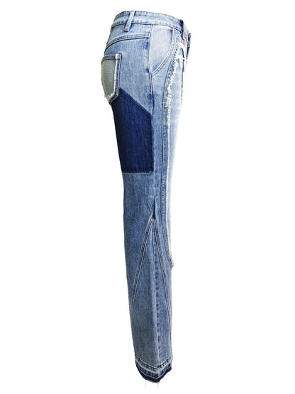 Ripped Curve-panel Flare Jeans For Women
