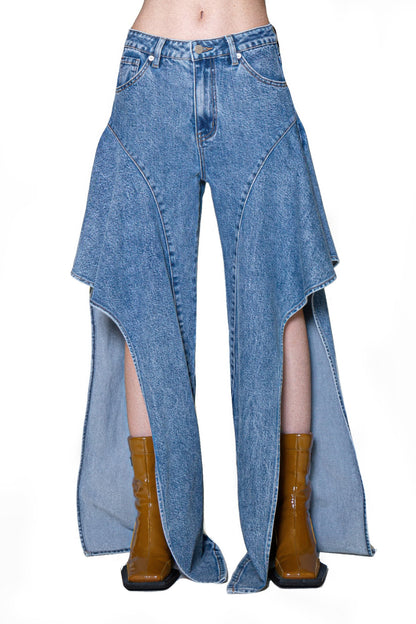 Waterfall Draped Flare Denim Pant For Women Blue Denim