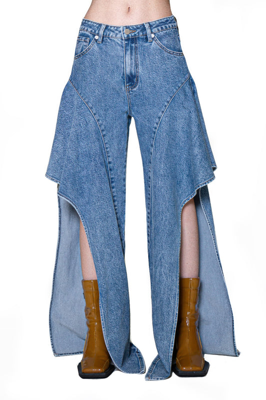 Waterfall Draped Flare Denim Pant For Women Blue Denim