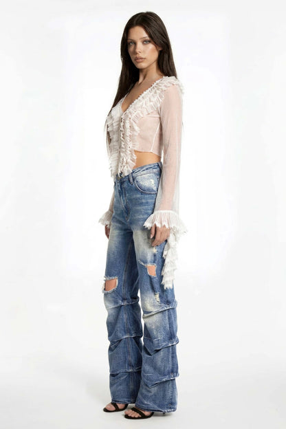 Riot Stack Destroyed Flare Jeans For Women