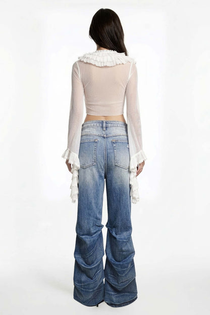 Riot Stack Destroyed Flare Jeans For Women Medium Dark Wash