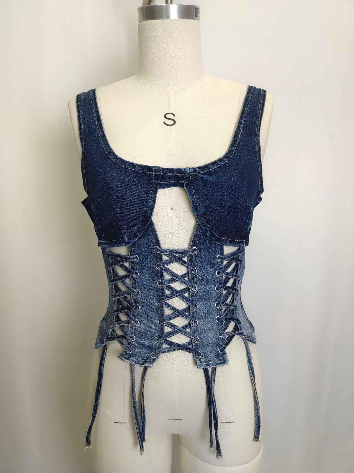 Rebel Stitch Lace-up Denim Corset Top For Women Dark Denim