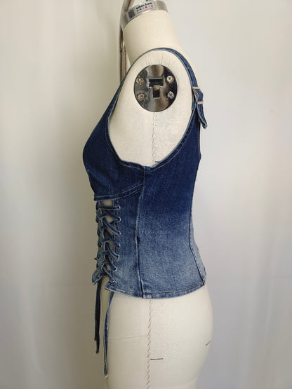 Rebel Stitch Lace-up Denim Corset Top For Women