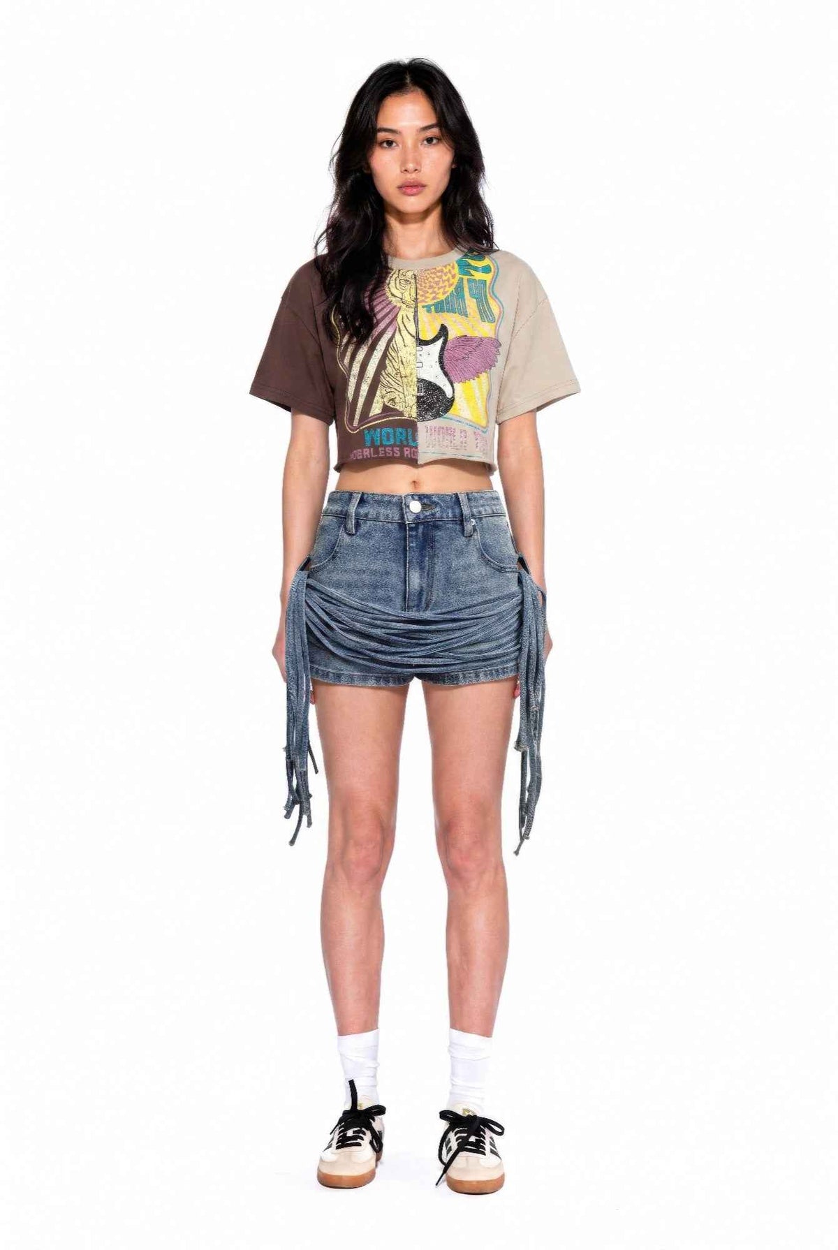 Split Graphic Crop Tee For Women Brown Combo