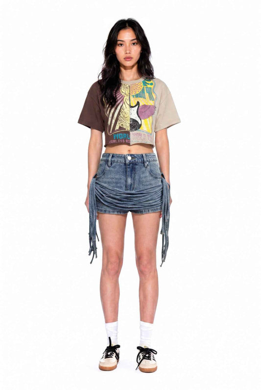 Split Graphic Crop Tee For Women Brown Combo
