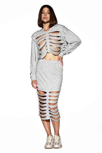 Shredded Cutout Hoodie & Skirt Set For Women