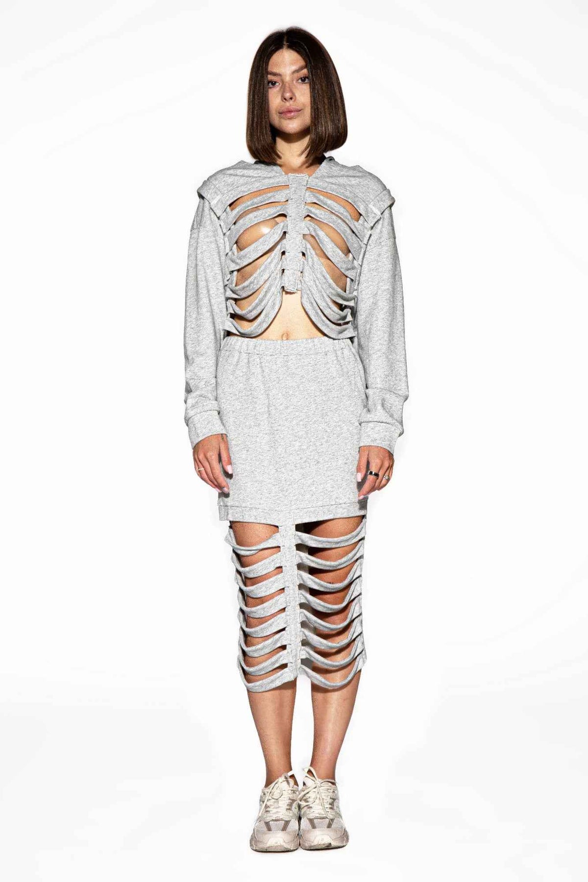 Shredded Cutout Hoodie & Skirt Set For Women