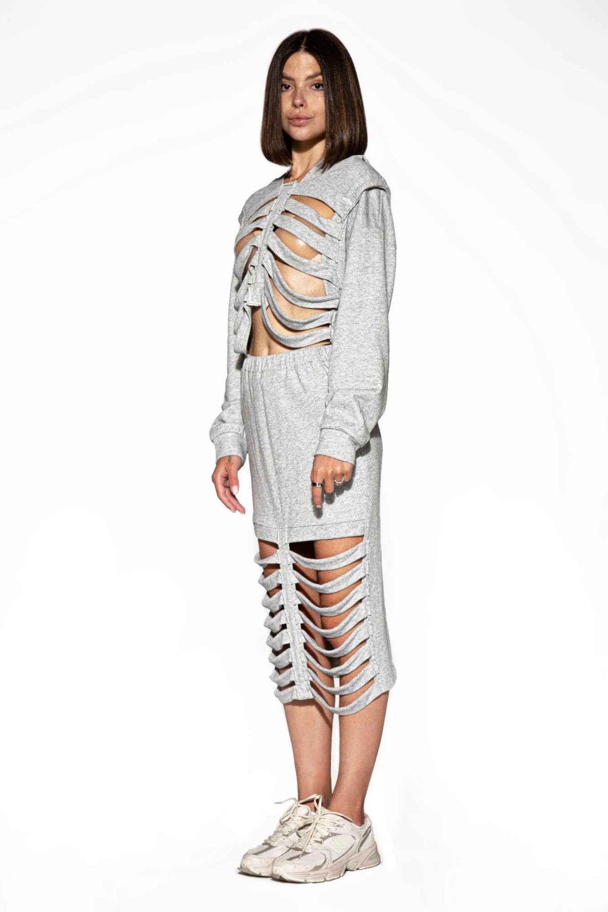 Shredded Cutout Hoodie & Skirt Set For Women Heather Grey