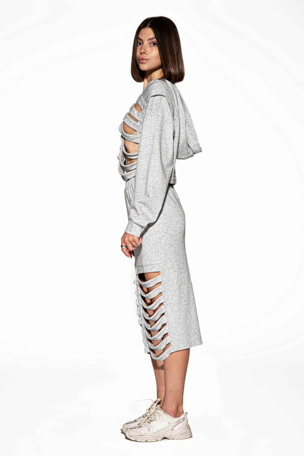 Shredded Cutout Hoodie & Skirt Set For Women