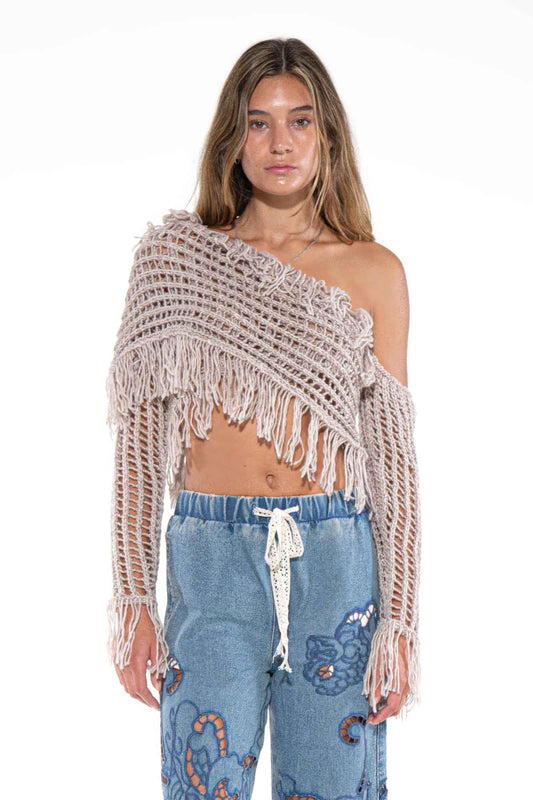 Fringe One-shoulder Macrame Crop Top For Women