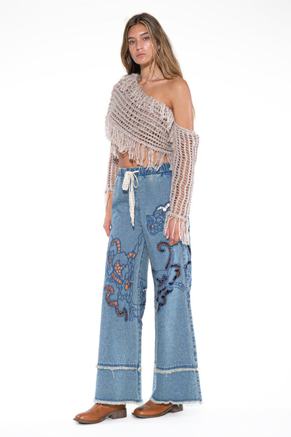 Fringe One-shoulder Macrame Crop Top For Women