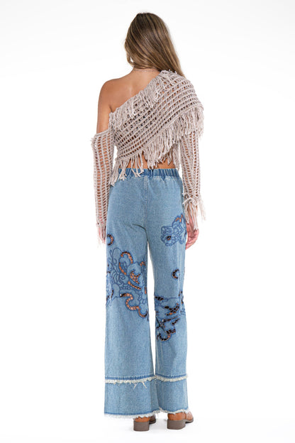 Fringe One-shoulder Macrame Crop Top For Women