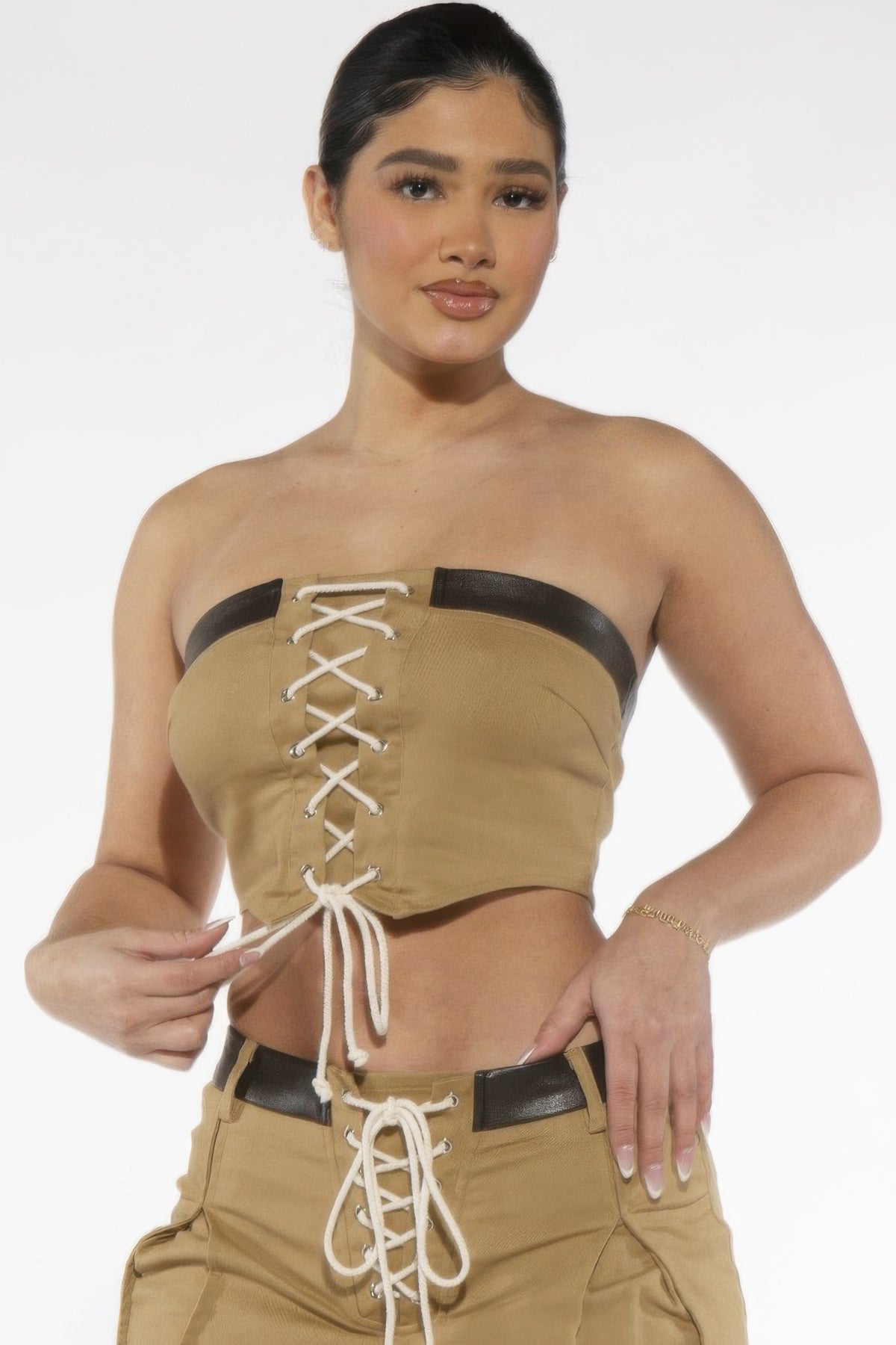 Off Shoulder Lace Up Twill Denim Tibe Corset Top For Women