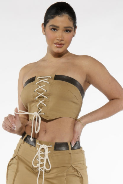 Off Shoulder Lace Up Twill Denim Tibe Corset Top For Women