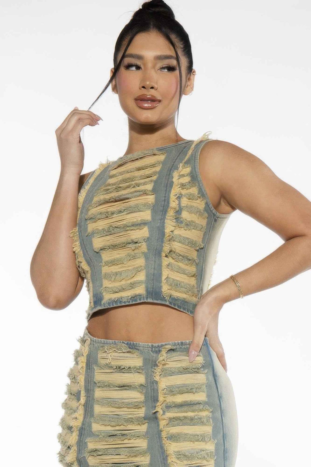 Vintage Washed Ripped Frayed Denim Crop Top For Women
