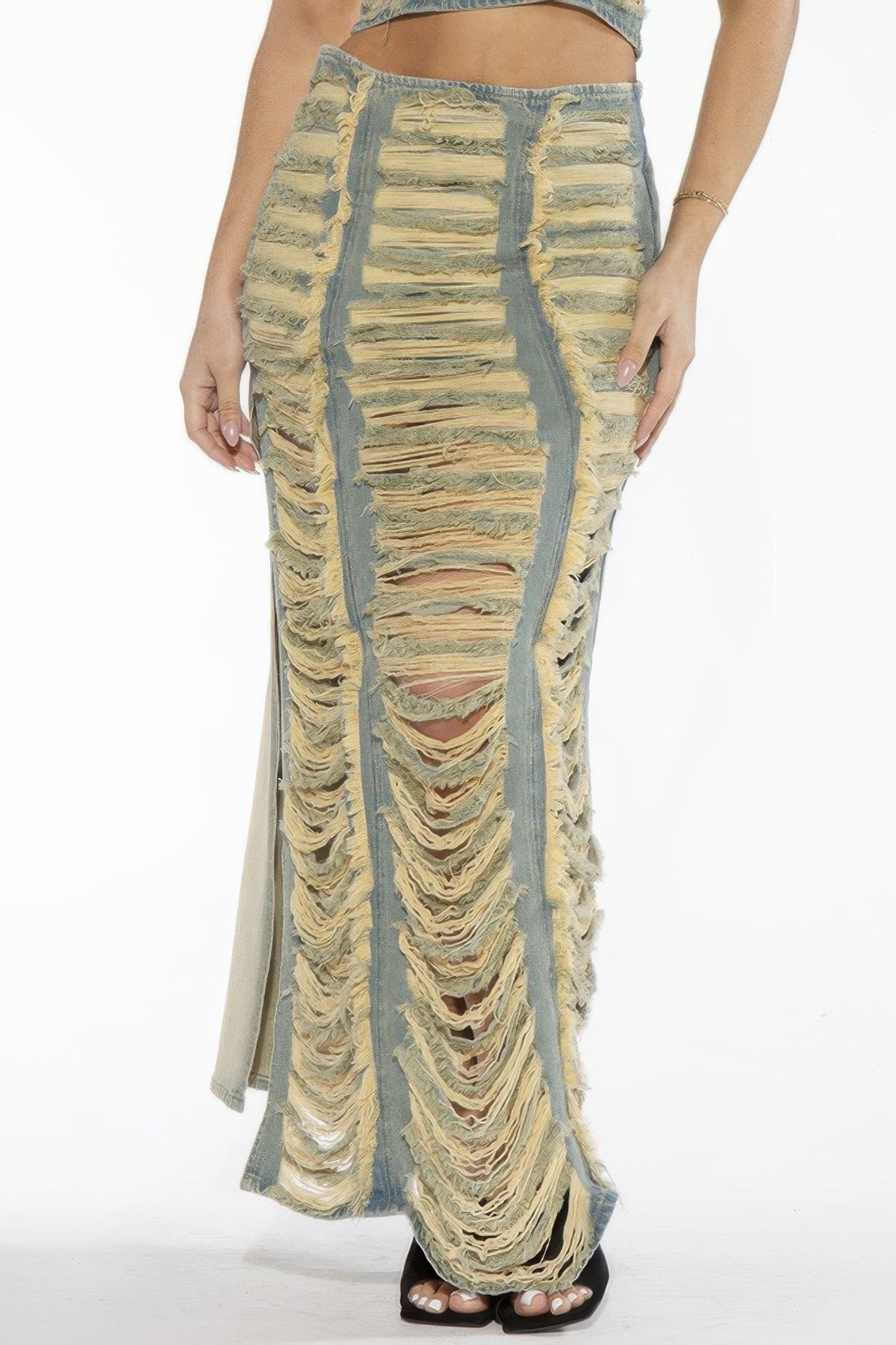 Extreme Shredded Distressed Denim Maxi Skirt For Women