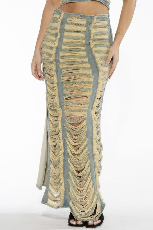 Extreme Shredded Distressed Denim Maxi Skirt For Women