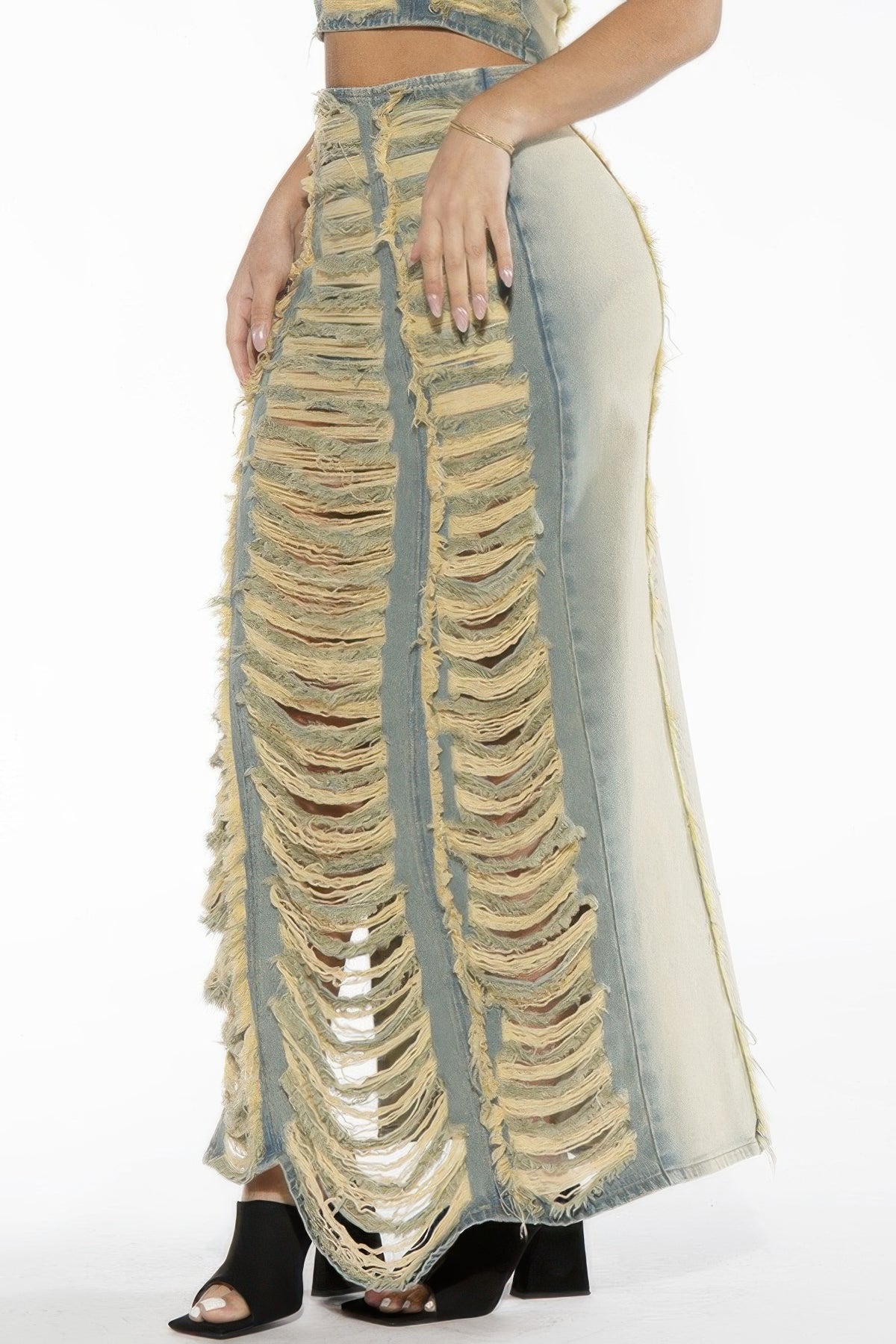 Extreme Shredded Distressed Denim Maxi Skirt For Women