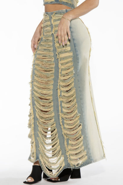 Extreme Shredded Distressed Denim Maxi Skirt For Women