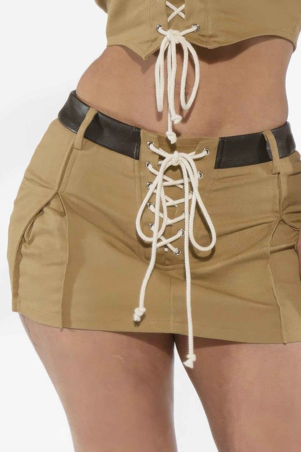 Low-rise Pleated Lace-up Twill Mini Skirt For Women