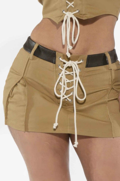 Low-rise Pleated Lace-up Twill Mini Skirt For Women