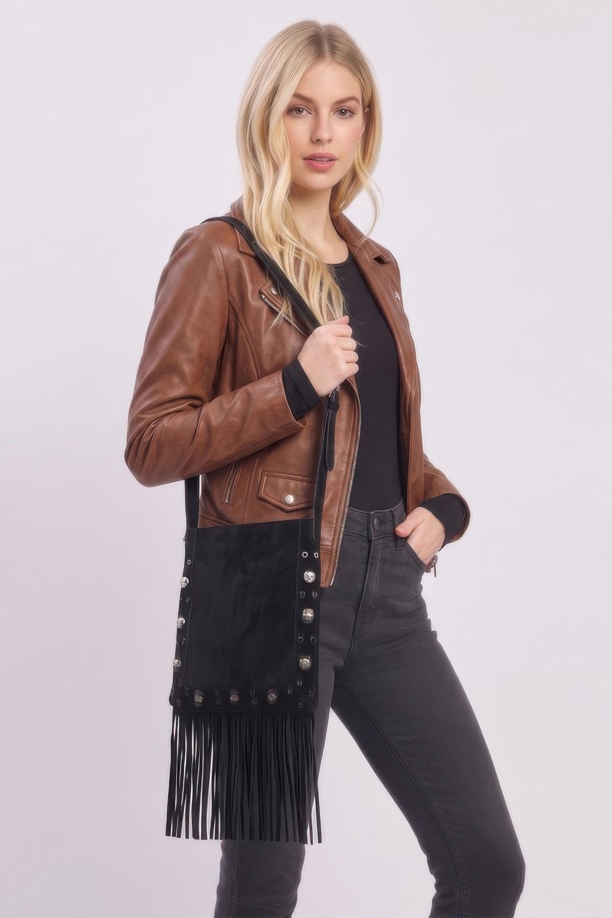 Vintage Brown Faux Suede Fringe Crossbody Bag Espresso