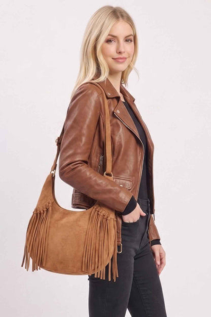 Western Faux Suede Fringe Hobo Bag With Adjustable Strap For Women Camel