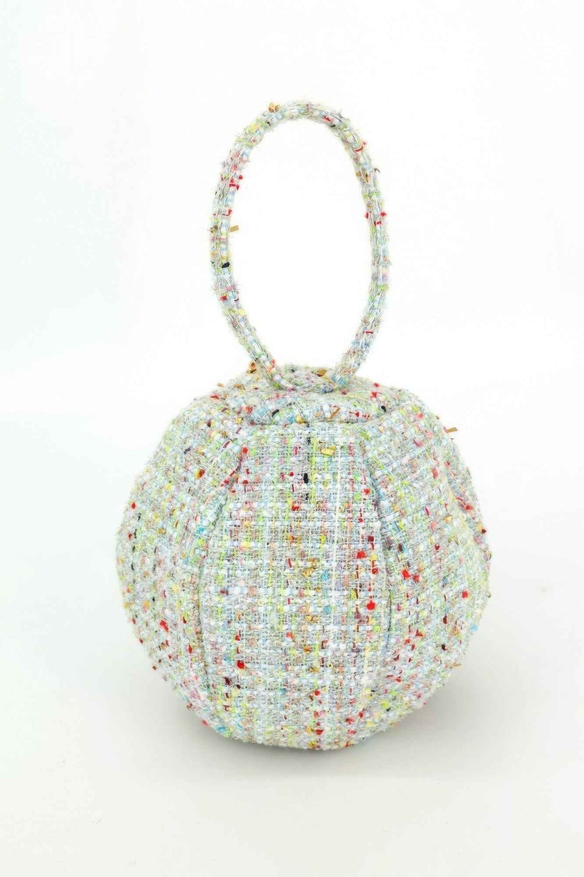 Tweed Round Ball Bag With Top Handle For Women Blue
