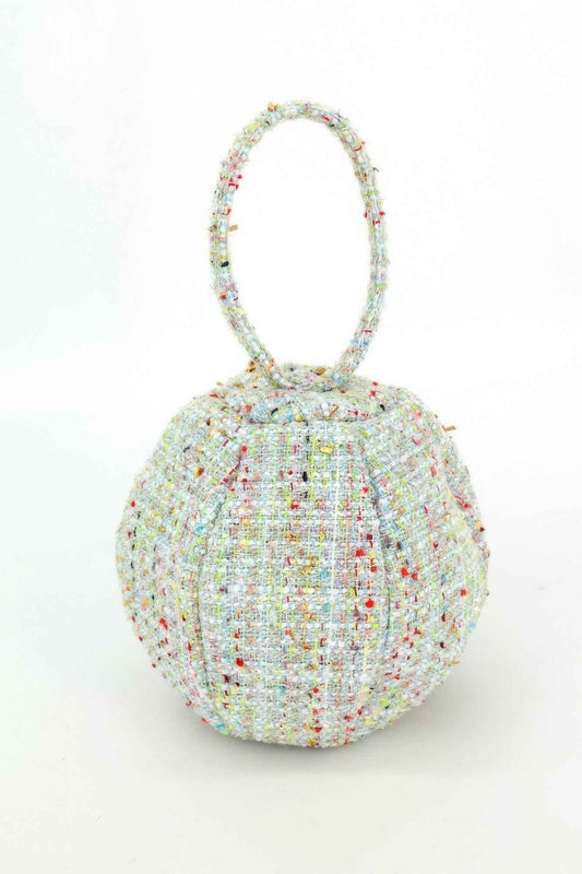 Tweed Round Ball Bag With Top Handle For Women Blue