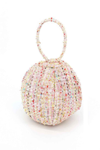 Tweed Round Ball Bag With Top Handle For Women Pink