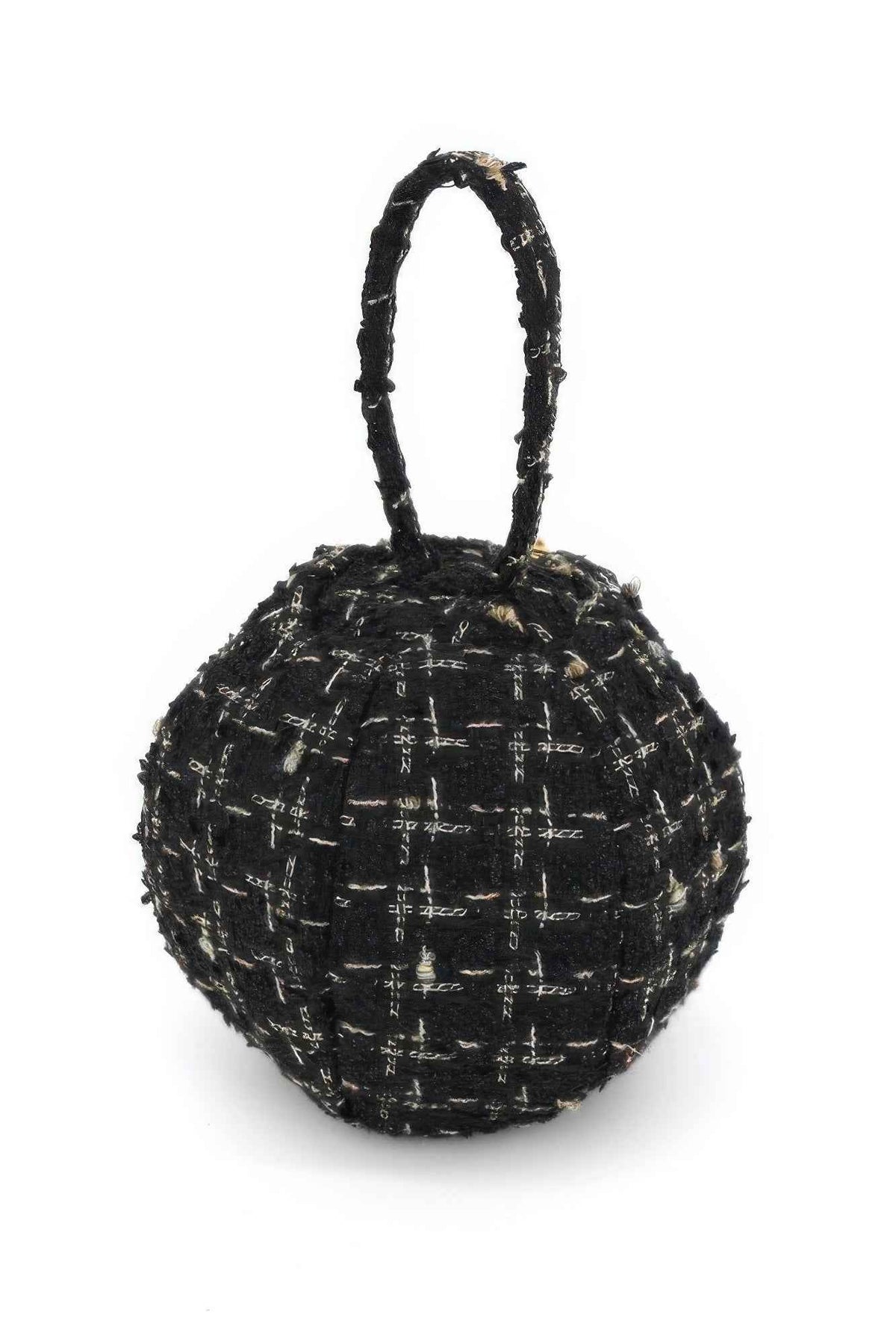 Tweed Round Ball Bag With Top Handle For Women Black