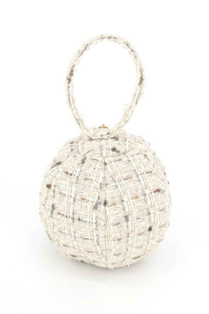 Tweed Round Ball Bag With Top Handle For Women Ivory