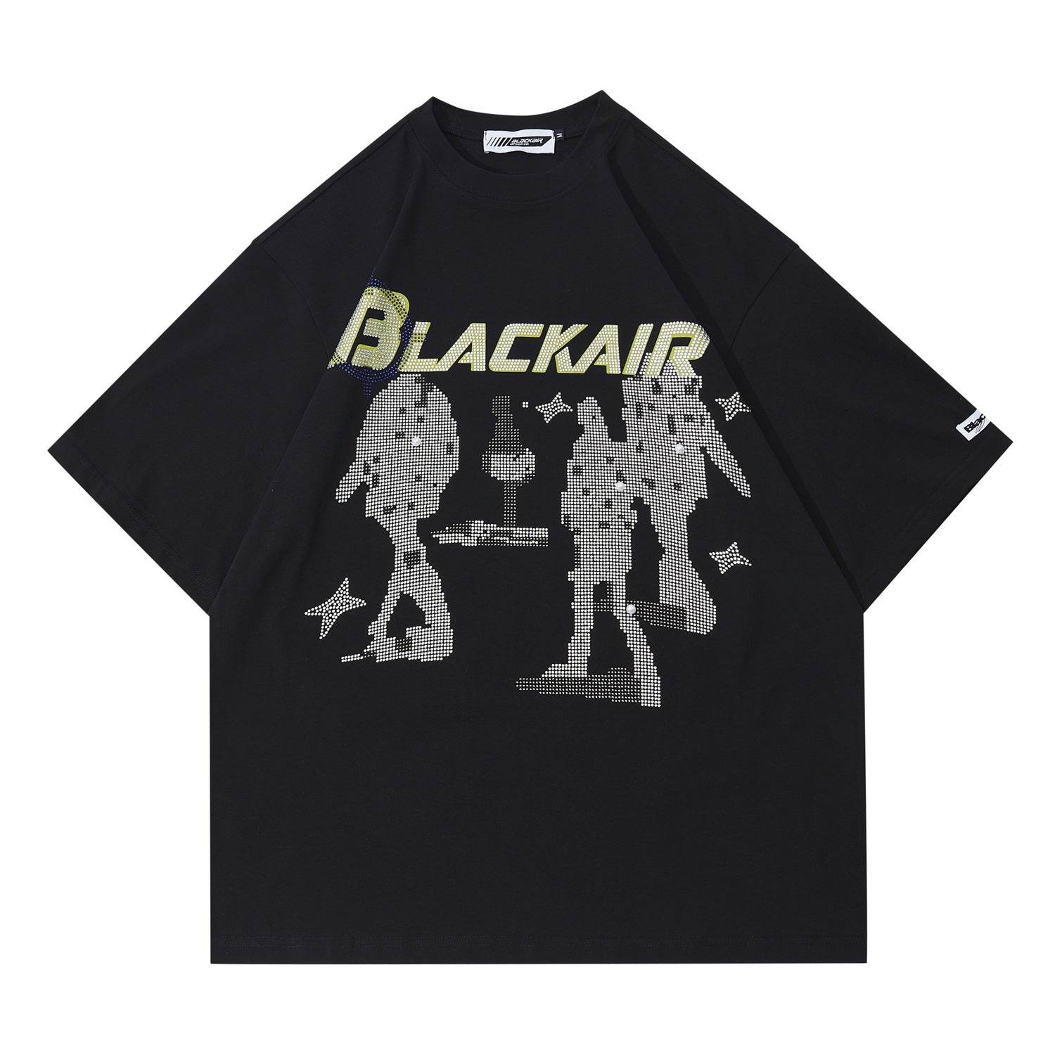 Women's Vintage Printed Rhinestone Double Yarn Short Sleeve Black MuddyStock