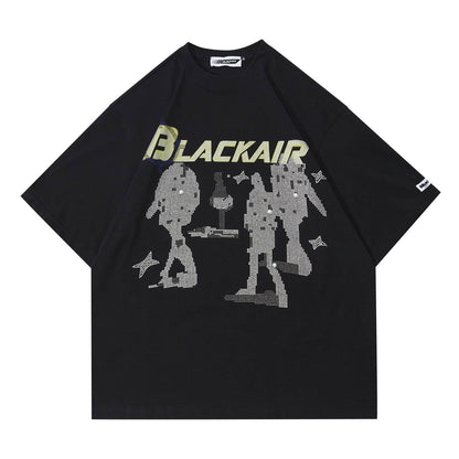 Women's Vintage Printed Rhinestone Double Yarn Short Sleeve Black MuddyStock