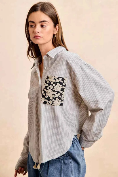 Flower Jacquard Knit Patch Pocket Stripe Shirt For Women Trendsi