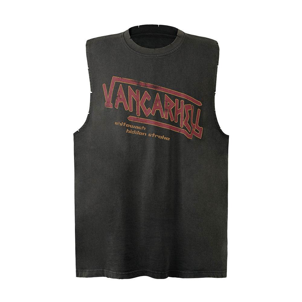 Distressed Letter Print Vest Men's Upperwear Gray MuddyStock