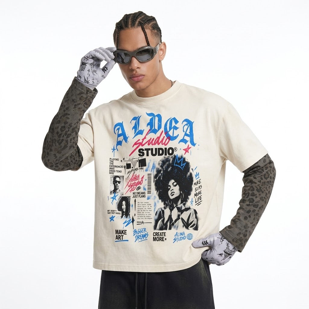 Vintage Wash Leopard Paneled Layer T-Shirt For Men | MuddyStock Originals