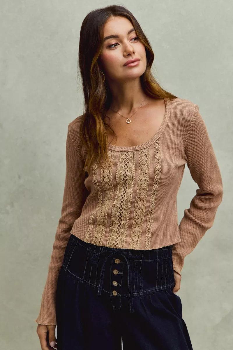 Vintage Washed Lace Crop Thermal Washed Knit Top
