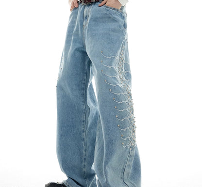 Niche Retro Washed Backbone Rivet Design Jeans For Men