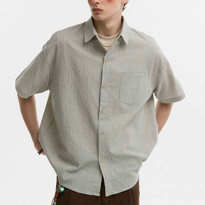 Seersucker Lapel Plaid Shirt For Men null