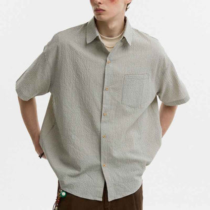Seersucker Lapel Plaid Shirt For Men null