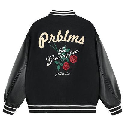 Rose Embroidered Baseball Uniform Loose High Street Jacket For Men Black MuddyStock