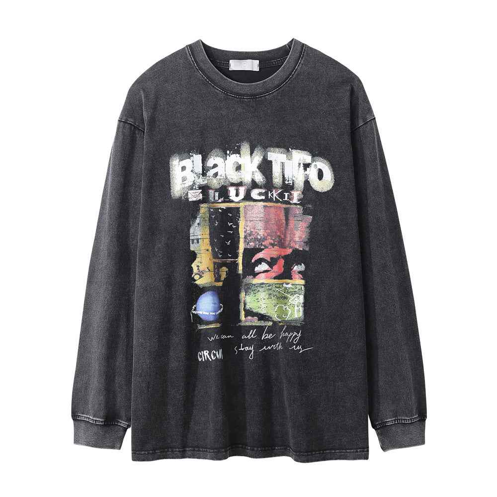 Letter Washed Old Long-sleeved T-shirt For Men null