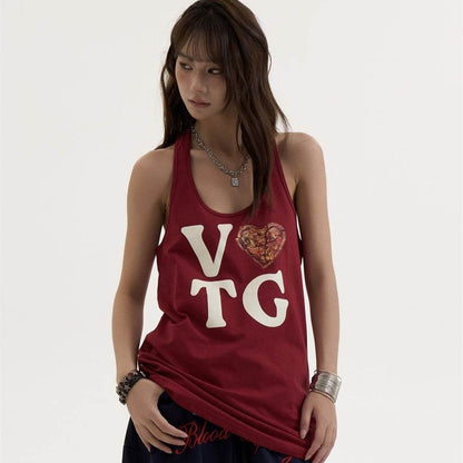 Women's Design Wine Red Printed Sleeveless Vest Red MuddyStock