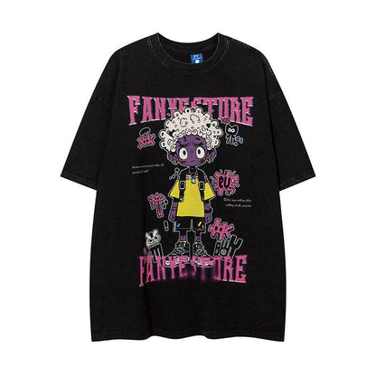 Cartoon Anime Print Distressed T-shirt For Men And Women MuddyStock